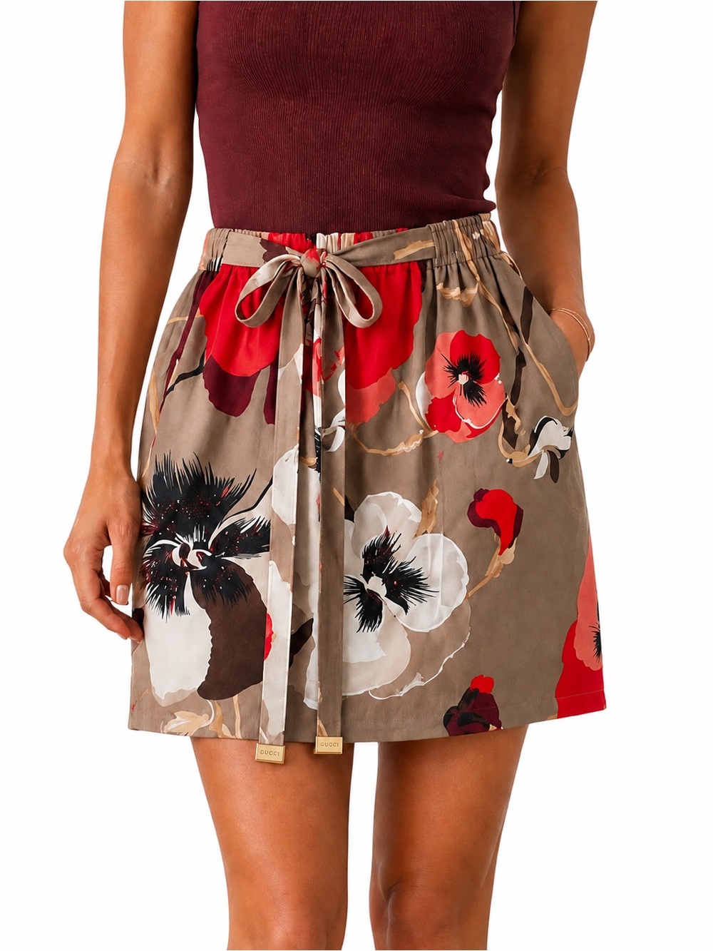GUCCI Floral Silk Tie Waist Mini Skirt Small